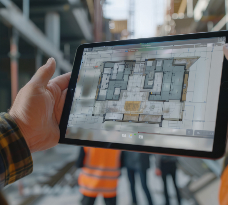 Vibrant video thumbnail for an app that captures the essence of construction site technology, showcasing digital twin models on tablet screens and busy workers