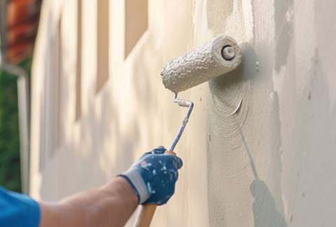 Close-up of a painters hand using a roller to spread fresh white paint on the building's exterior wall